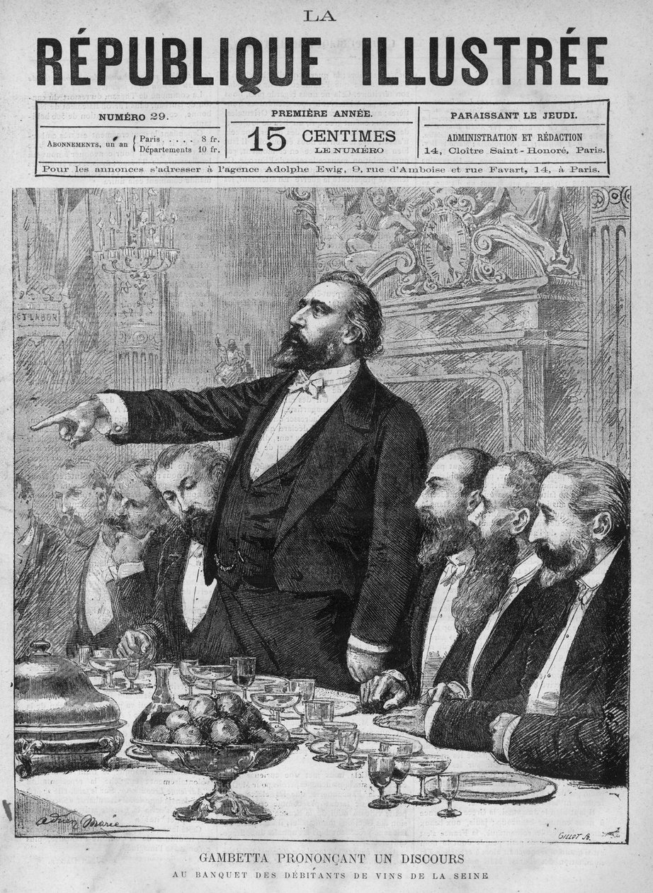 Leon Gambetta (1838-1882) fazendo um discurso no banquete dos devedores de vinho do Sena. Um jornal. Gravura de 1880 em "La republique illustree" coleção privada. de French School