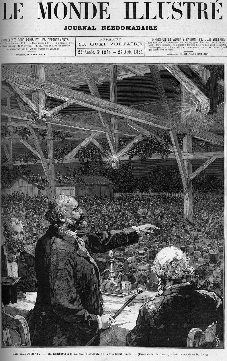Leon Gambetta na reunião eleitoral da rue Saint Blaise, em Belville, Paris, convidado pelo comité radical do arrondissement 20. Capa do "The Illustrous World" de 27 de agosto de French School