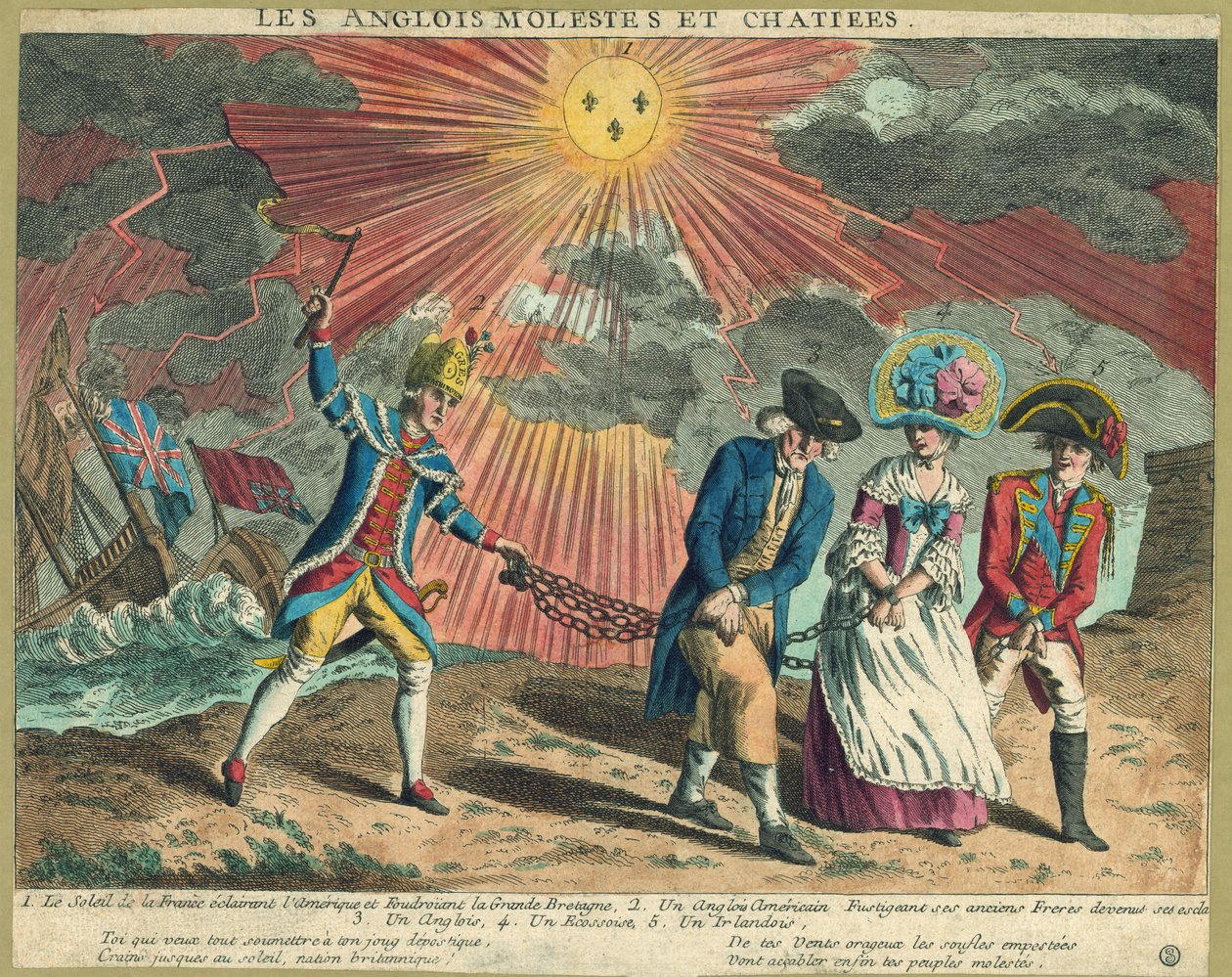 Les Anglois Molestes et Chatiees, pub. 1779 (gravura a cores) de French School