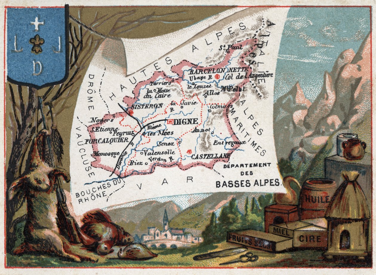 Les Basse Alpes (Basse-Alpes), hoje departamento dos Alpes-de-Haute-Provence (Alpes de Haute-Provence 04), França. Especialidade local: caça, cera, mel, frutas secas e óleo. Série sobre os Departamentos franceses. Chromolitografia (Chromo) "o geográfico de French School