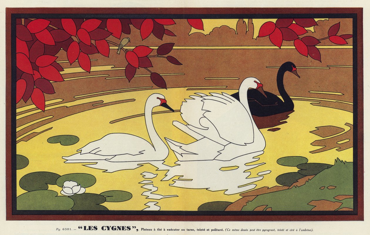 Les Cygnes, Cisnes (litografia a cores) de French School