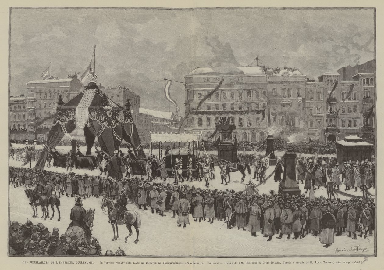 Funeral do Kaiser Wilhelm, O cortejo que passa sob o arco triunfal na Friedrichstrasse, Promenade des Tilleuls (gravura) de French School