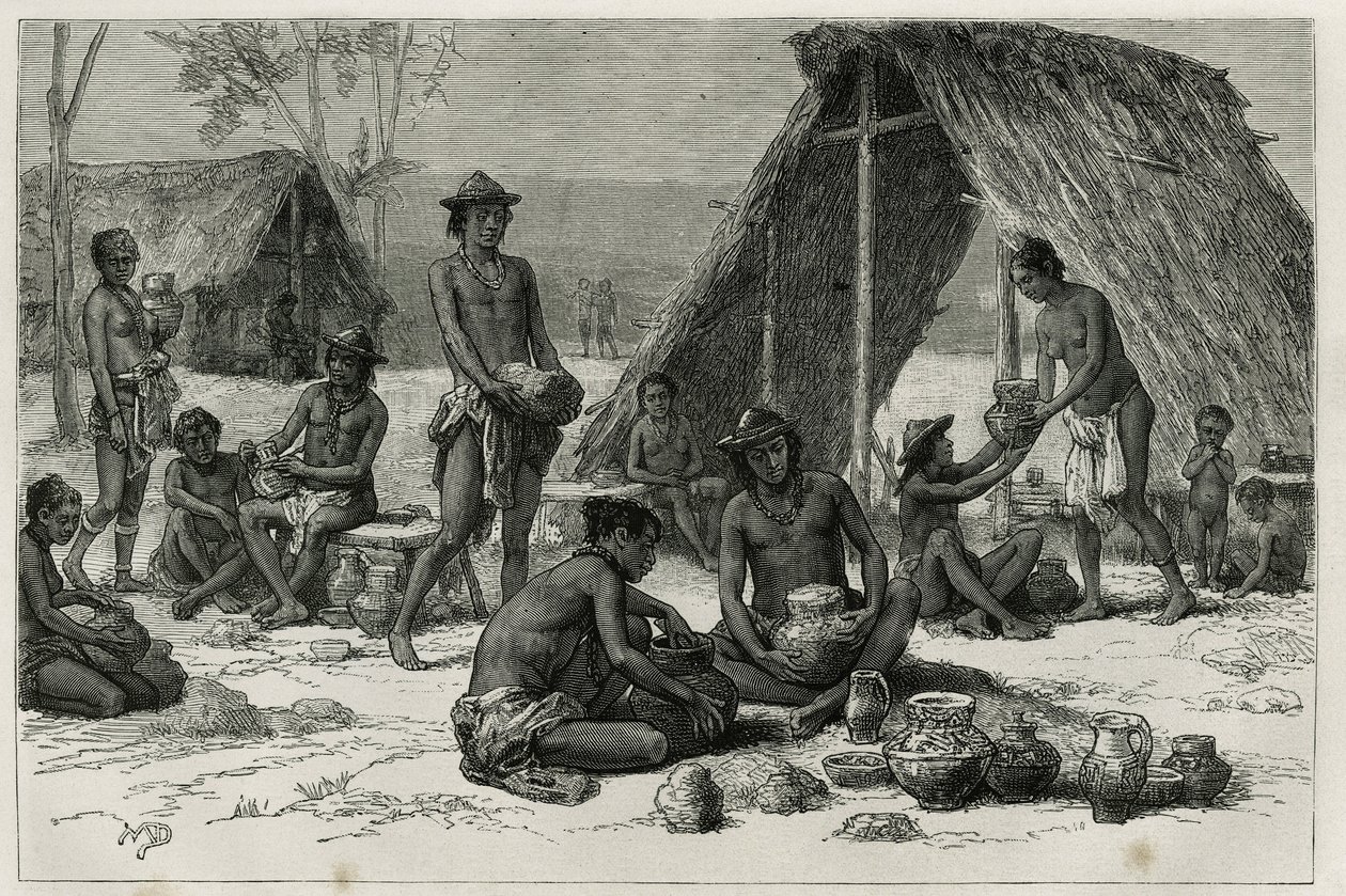 Les Indiens Galibis (ou Kalinas) fazendo cerâmica, gravada por D.Maillart, para ilustrar a viagem de exploração no interior da Guiana pelo Dr. Jules Crevaux, médico da Marinha Francesa, em 1876-1877, publicada no tour du monde, sob a direção do de French School