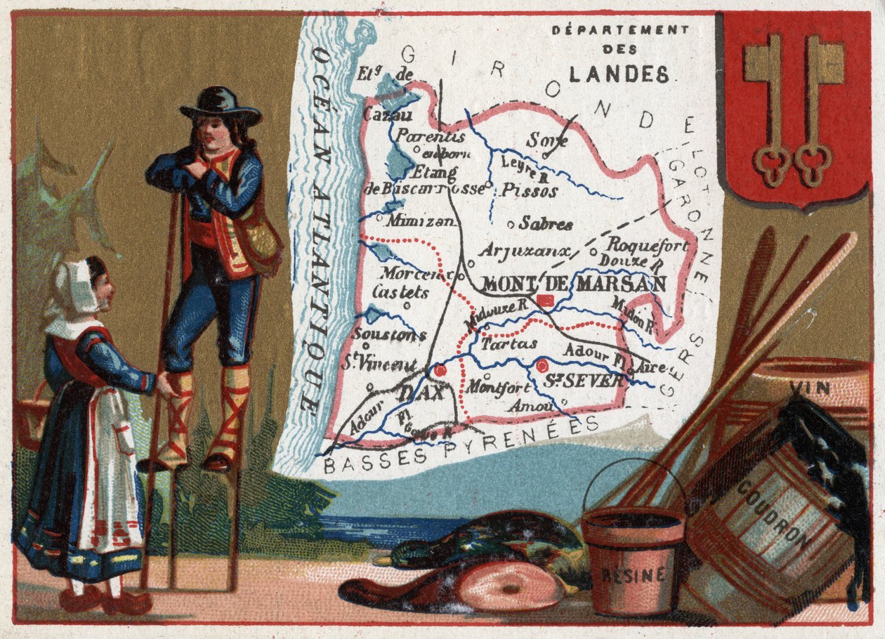 Les Landes (40), Aquitaine, França. Série sobre os Departamentos franceses. Especialidade local: alcatrão e resina de vinho. Pastor das Landes. Chromolitografia (Chromo) "o fio geográfico", cerca de 1920. Colecção privada. de French School