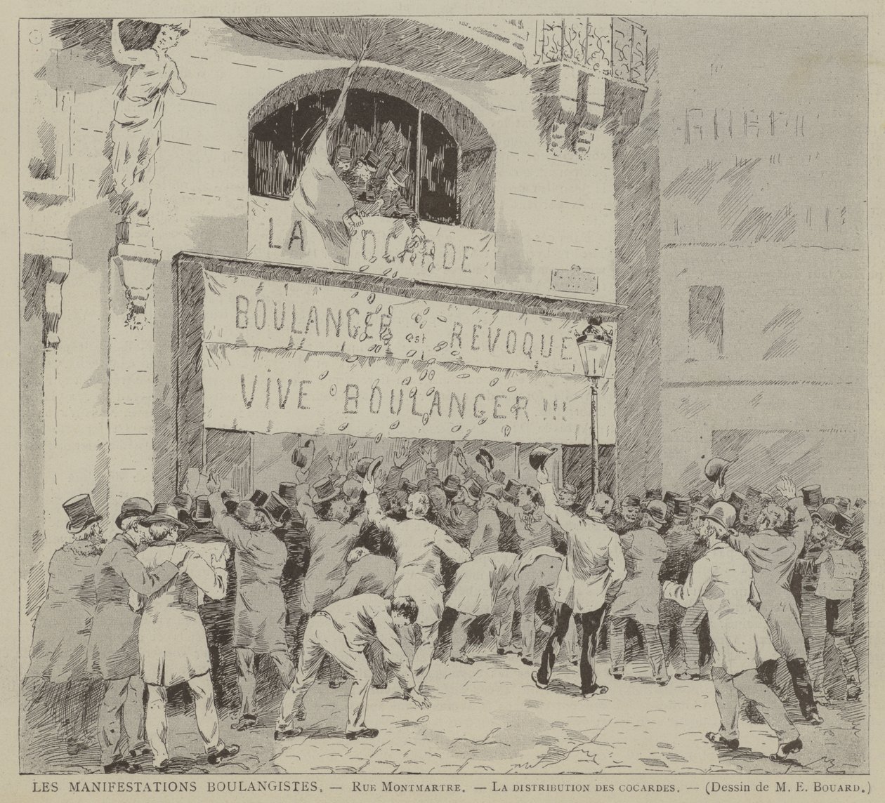 Les Manifestations Boulangistes, Rue Montmartre, La distribution des cocardes (gravura) de French School
