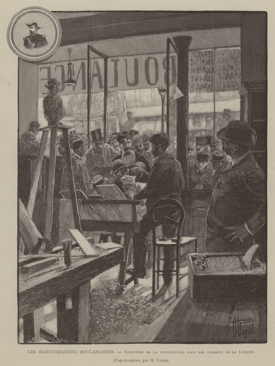 Les Manifestations Boulangistes, Assinatura do protesto nos escritórios da Cocarde (gravura) de French School