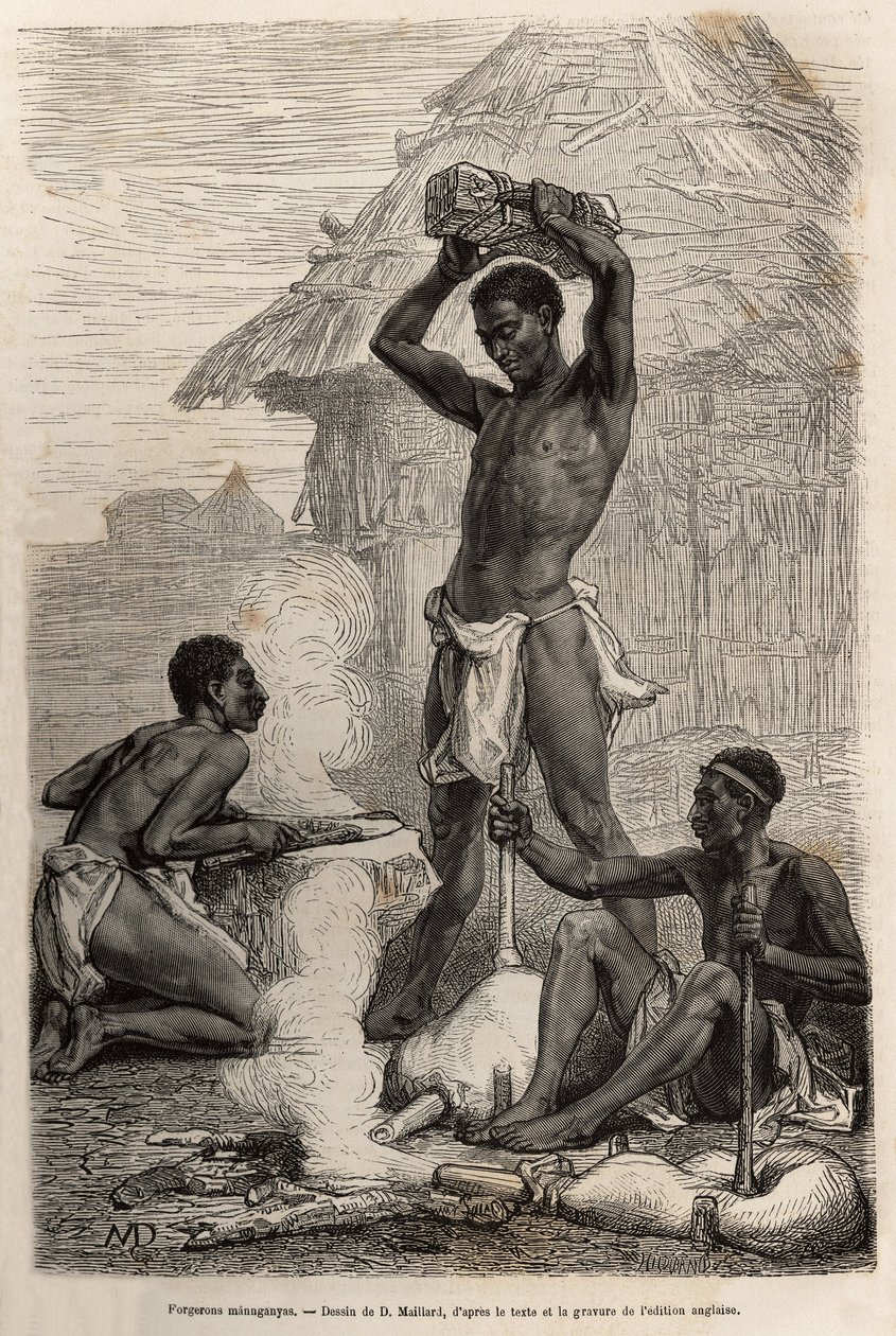 Les blacksmiths mannganyas, numa aldeia ao longo do rio Loualaba (actual rio Congo), gravado após um desenho de D.Maillard, ilustrando o último diário de David Livingstone (1813-1873), em 1866-1873, publicado em "Le tour du monde" 1875, editado por de French School