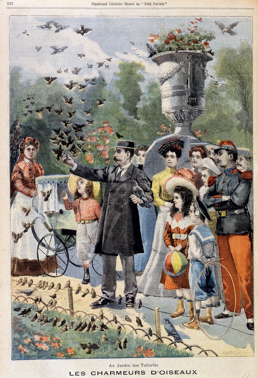 Os encantadores de aves nos Jardins das Tuileries - em "Le Petit Parisien" de 21/07/1901 (gravura) de French School