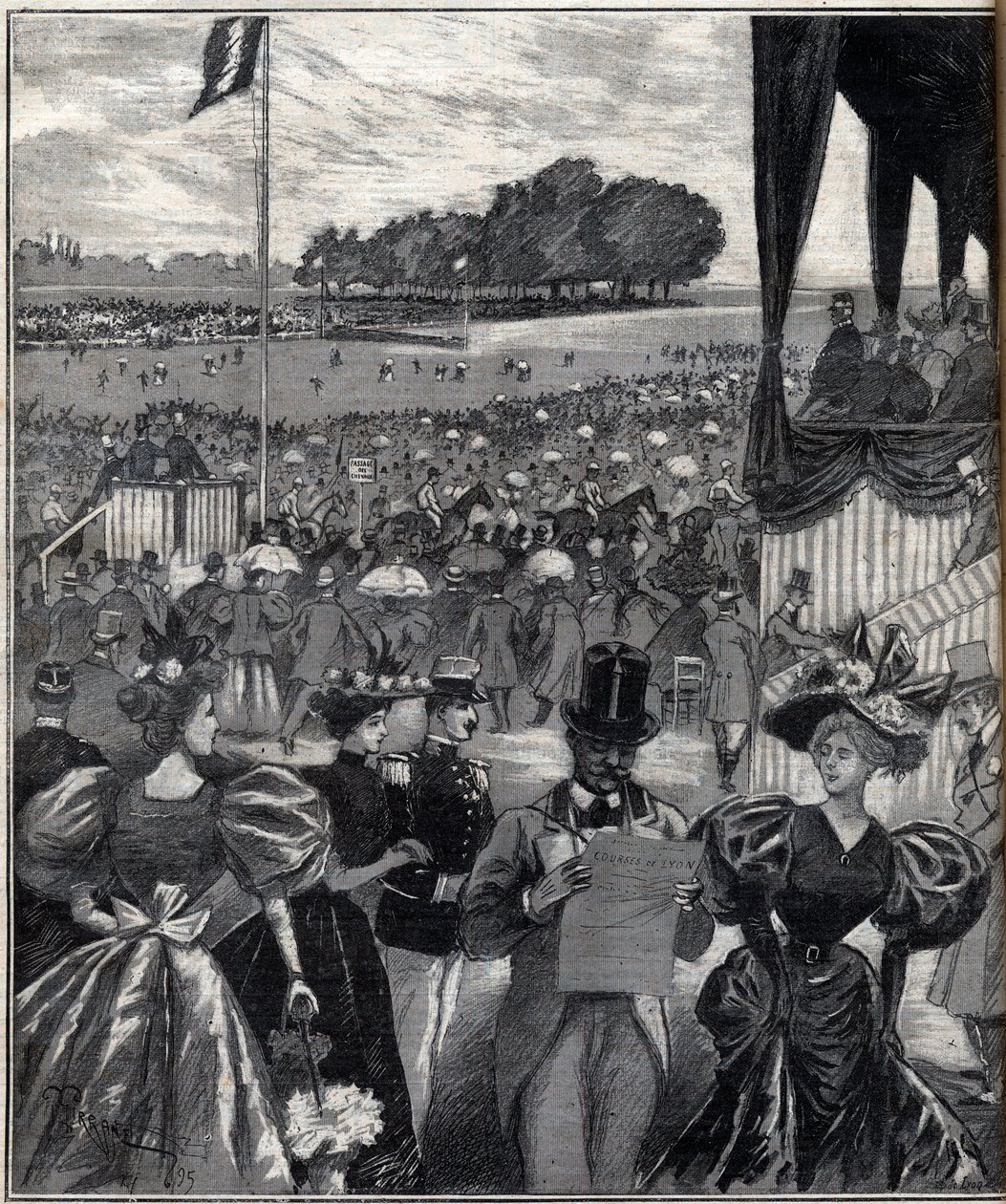 Les courses de lyon (Autódromos de Lyon) - após o grande prémio - gravura em "Le Progres illustrious" de 1895 de French School