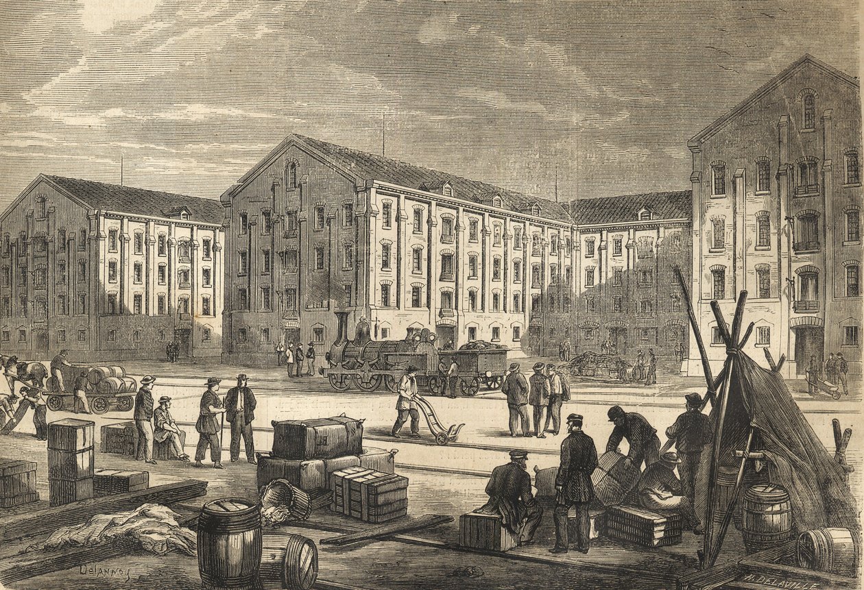 Les docks de Rouen en en 1866 - As docas de Rouen em 1866 - gravura de French School