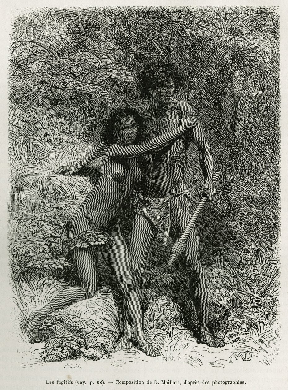 Les fugitives aborigenes, gravura segundo um desenho de D. Maillart, para ilustrar a história Seis meses na Austrália, de Desire Charnay, missão do Ministério da Instrução Pública, em 1878, publicada no tour du monde, sob a direção de de French School