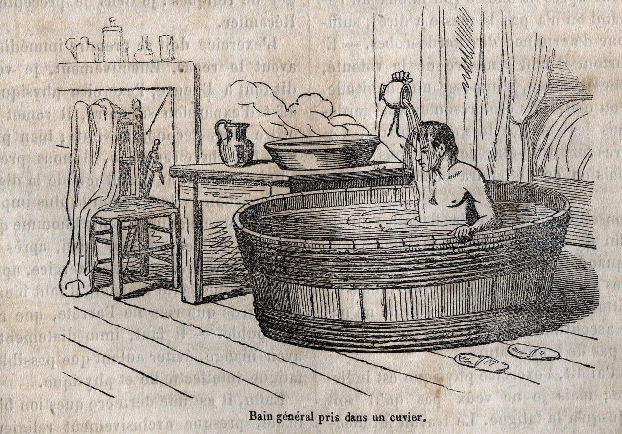 Les gestes du bain - Hygiene au 19 century - bath in a bowl - gravura em "La Sante Universelle - Guide Medical des Familles" 1852 de French School