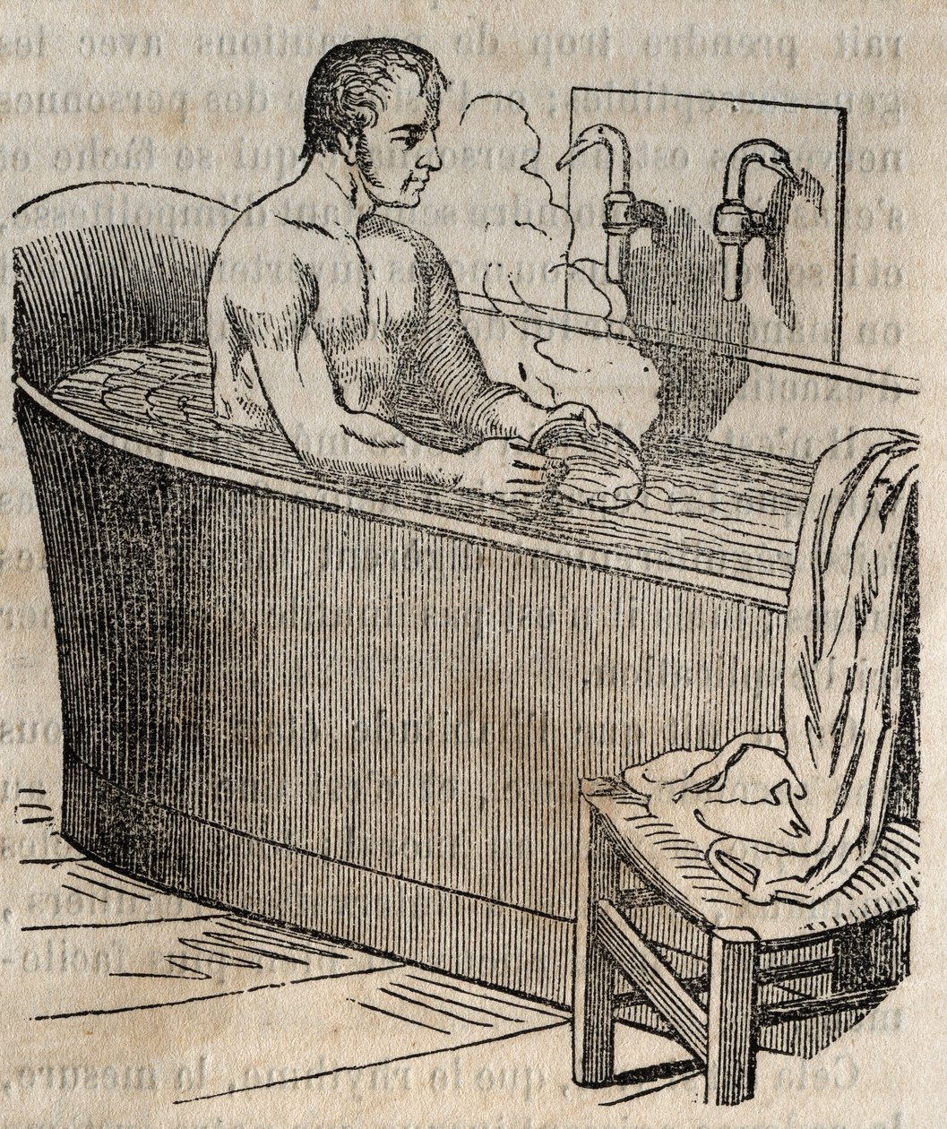 Les gesures du bain - Hygiene au 19 century - man in a bathtub - gravura em "La Sante Universelle - Guide Medical des Familles" 1852 de French School