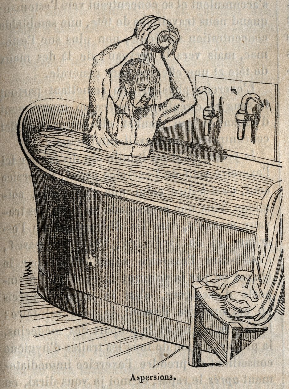 Les gesures du bain - Hygiene au 19 century - man in a bathtub - gravura em "La Sante Universelle - Guide Medical des Familles" 1852 de French School