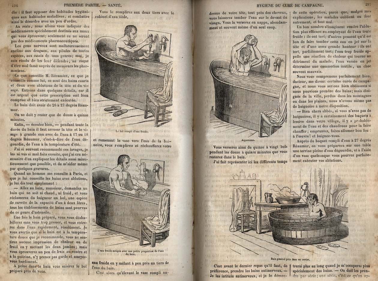 Les gesures du bain - Hygiene au 19 century - man in a bathtub - gravura em "La Sante Universelle - Guide Medical des Familles" 1852 de French School
