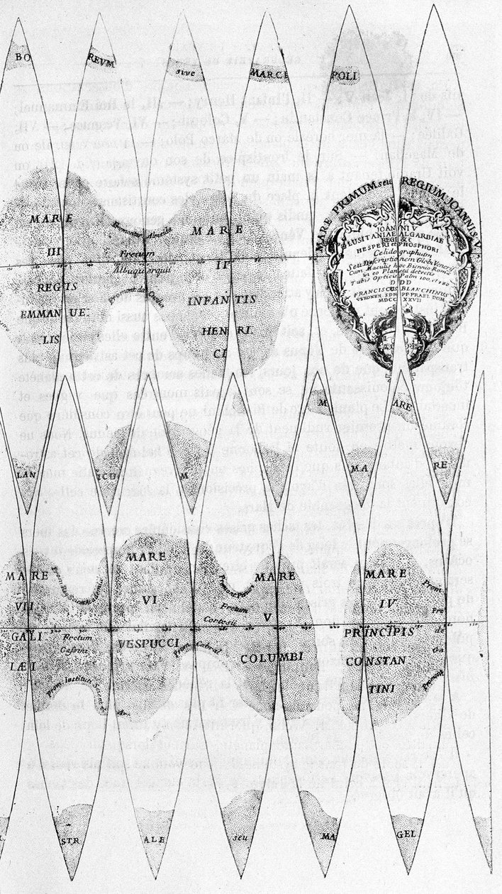 Os mares de Vénus e o corte dos seus fusos, estudados por Bianchini em 1727 - em "Les terres du ciel" de Camille Flammarion, ed. Marpon & Flammarion, Paris de French School