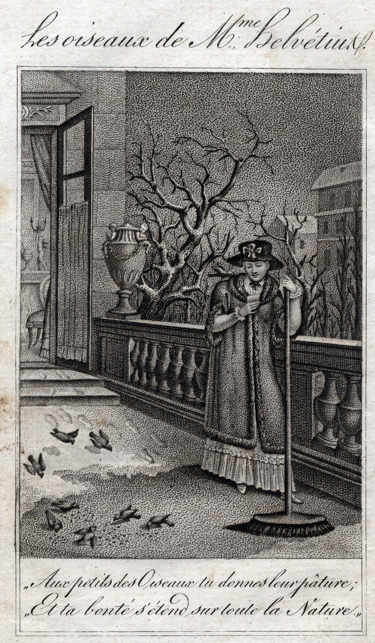 Les oiseaux de Madame Helvetius (Anne Catherine Helvetius) em "Conseils a ma fille" de Jean Nicolas Bouilly (1763-1842). 1820. Coleção privada. de French School