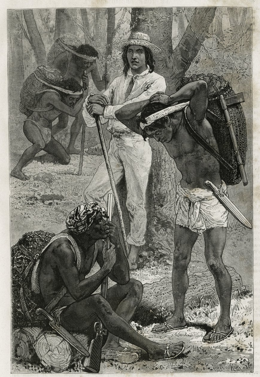 Les porters (caucheros), em Darien (região do leste do Panamá), gravada após um desenho de D.Maillart, para ilustrar a história Exploration at the isthms of Panama and Darien, de A. Reclus, tenente de navio, de 1876 a 1878, publicada no tour du mo de French School