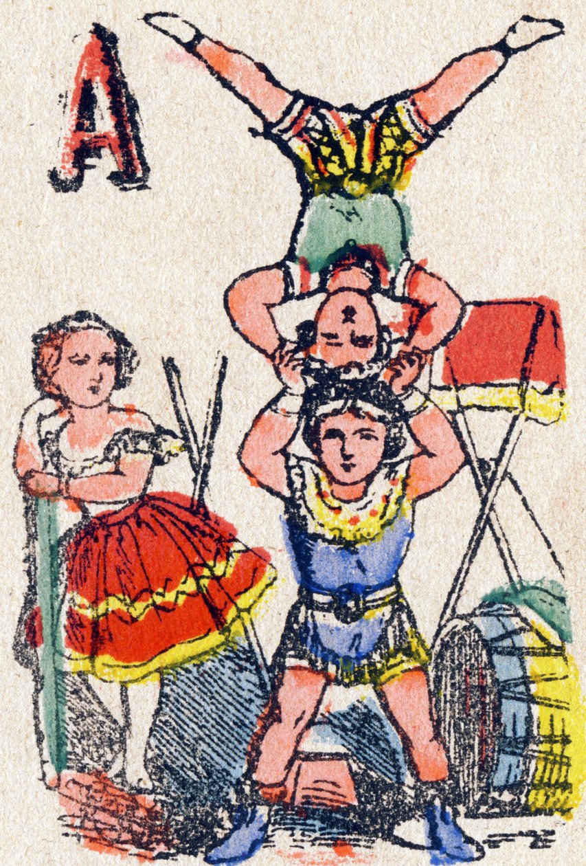 Carta A Acrobatas. Gravura no "Alfabeto do Jeux". Sr. Vagne, editor, Pont-a-Mousson, final do século XIX. Série Pink. 12 páginas. Álbum contendo um método de leitura simplificado e um abecedário ilustrado. Dim: 16,5x11cm de French School