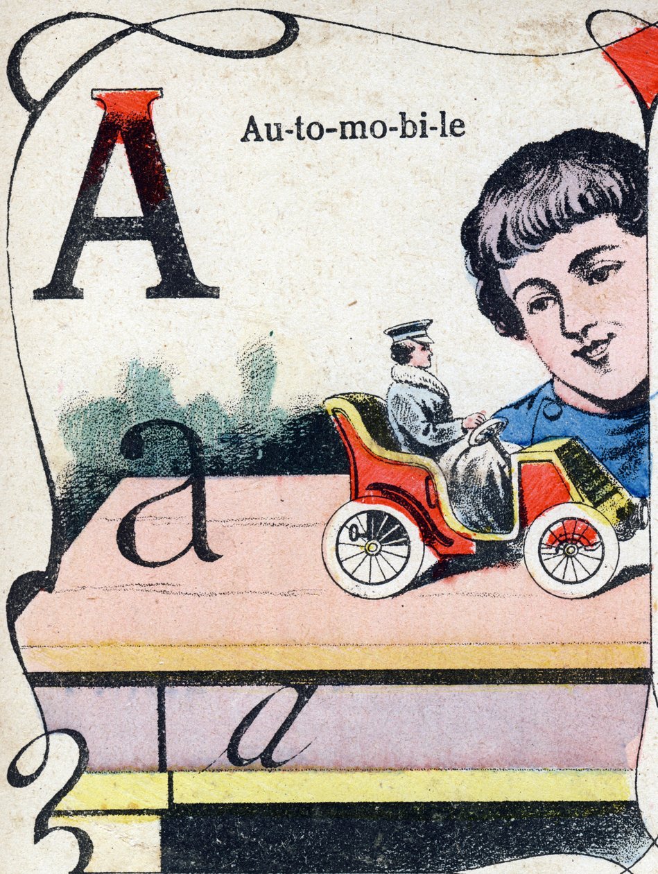 Carta A Automóvel. Gravação em "ABC des joux pour petits boys". Imagem de Pont-a-Mousson, Louis Vagne, impressora-editor, final do século XIX. Dim: 32,5x25 cm de French School