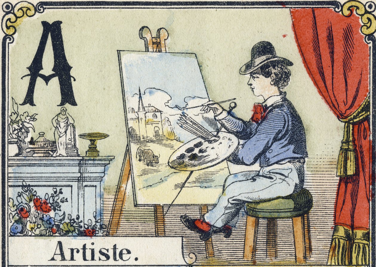 Carta A: artista. Alfabeto recreativo. Imagem epinal. Gravuras em madeira estampada, cerca de 1880. Pequeno livreto de 16 páginas (205 x 150 mm). Coleção Particular de French School