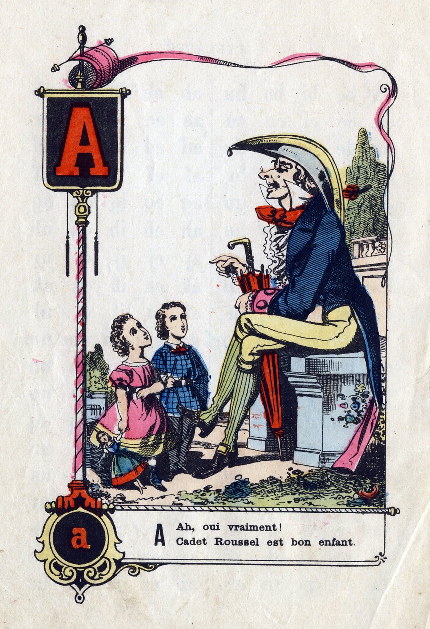 A letra A como "Ah sim realmente o cadete mexilhão é uma criança" Alfabeto cômico (abecedário) em ditados ilustres. Imagem de Epinal, cerca de 1850-1860). Dim: 21x15cm. Coleção particular. de French School