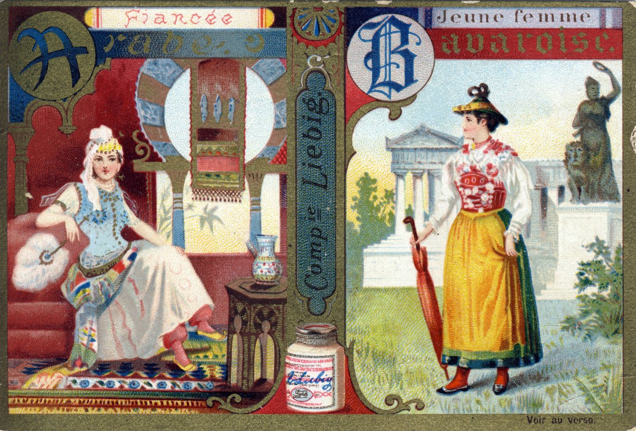 Carta A como noiva árabe e B como jovem bávara. Alfabeto da mulher . Série de 12 imagens. Liebig publicidade de French School