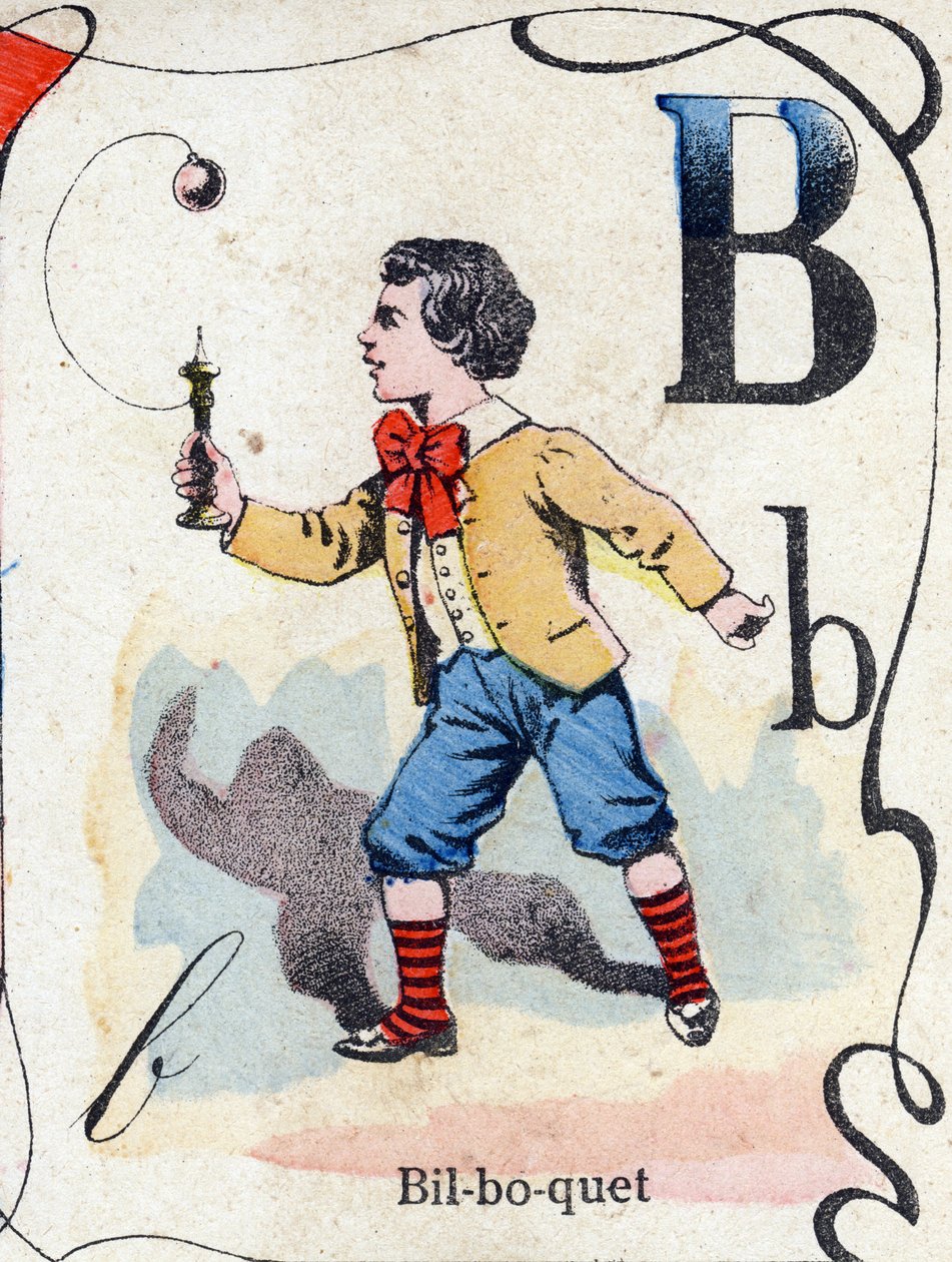 Carta B Bilboquet. Gravação em "ABC des joux pour petits boys". Imagem de Pont-a-Mousson, Louis Vagne, impressora-editor, final do século XIX. Dim: 32,5x25 cm de French School