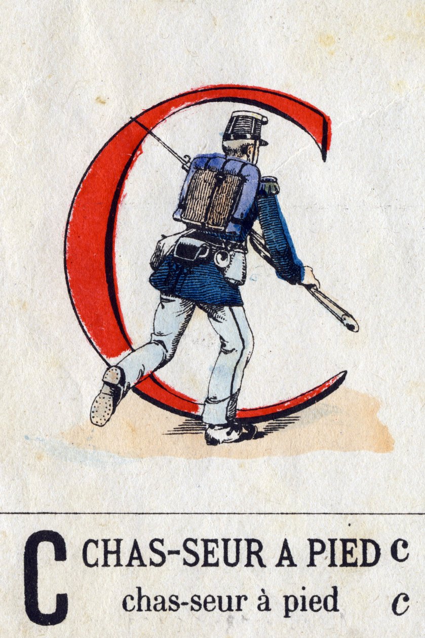 Carta C como Caçador de pés. Alfabeto Militar (ABC ou abecedário). Imaging of Epinal, circa 1870-1880). Cortes de madeira na cor Stencil. Coleção Particular de French School