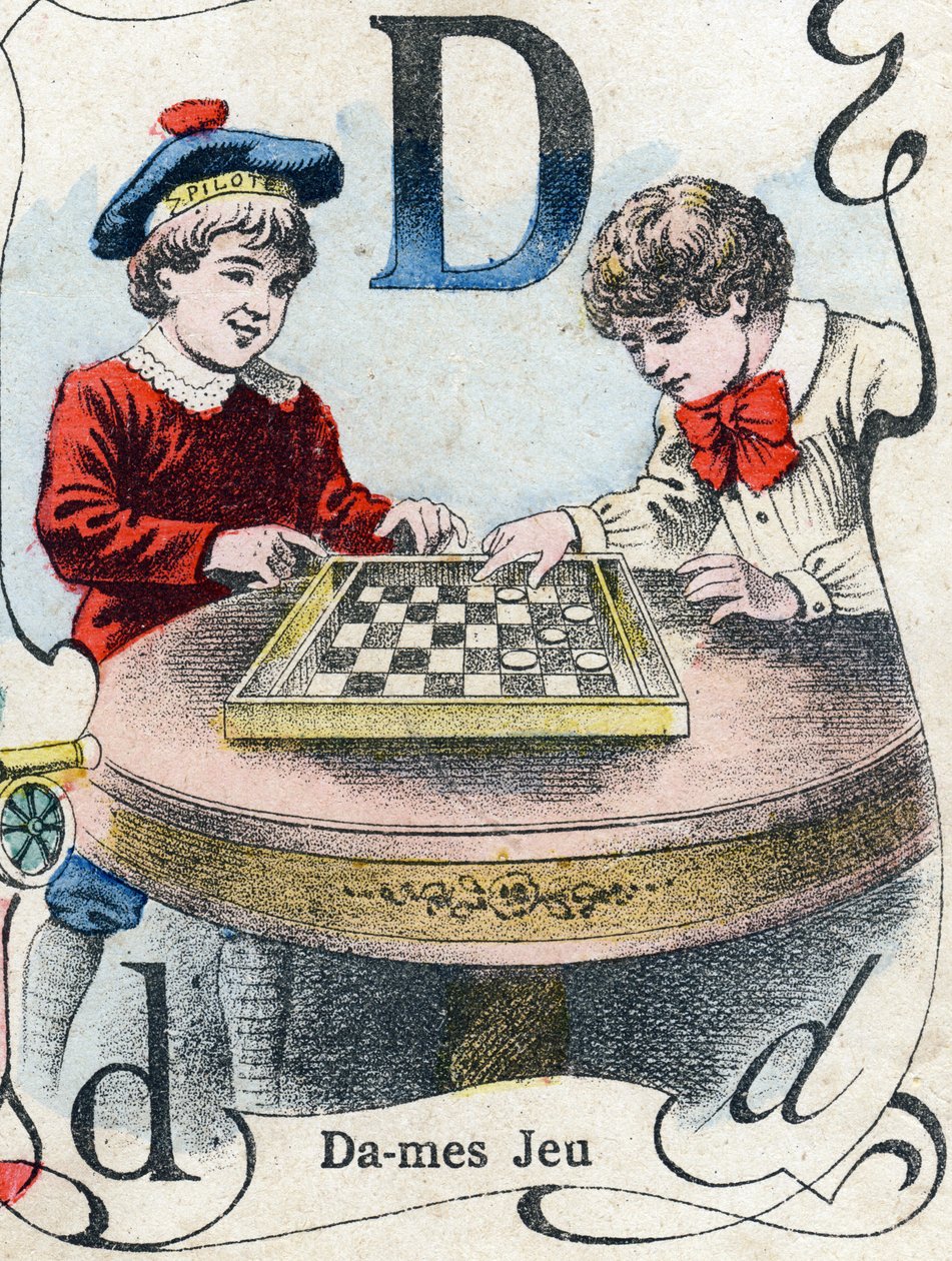 Carta D: Jogo de damas. Gravação em "ABC des joux pour petits boys". Imagem de Pont-a-Mousson, Louis Vagne, impressora-editor, final do século XIX. Dim: 32,5x25 cm de French School