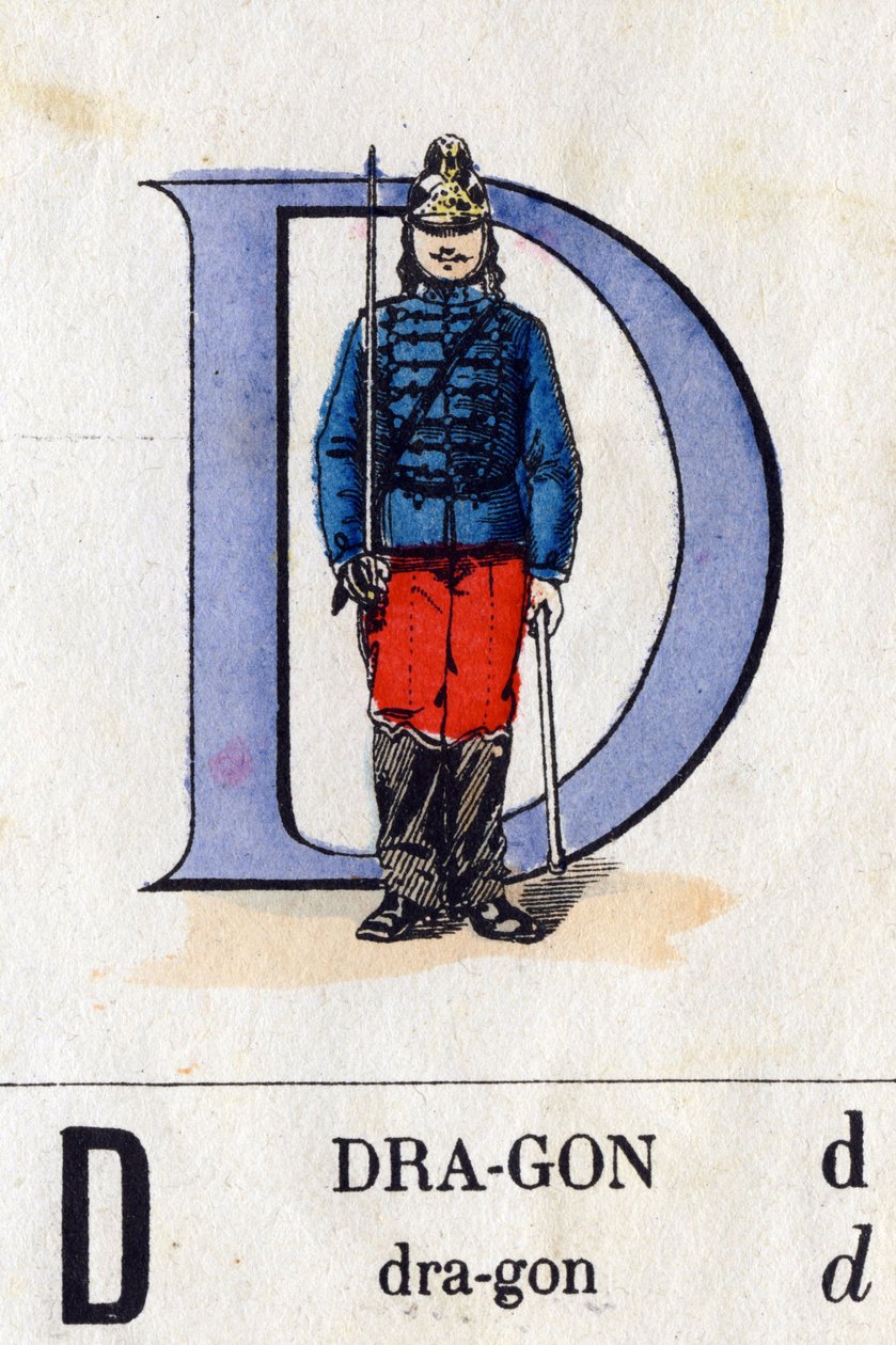 Carta D como Dragão. Alfabeto Militar (ABC ou abecedário). Imaging of Epinal, circa 1870-1880). Cortes de madeira na cor Stencil. Coleção Particular de French School