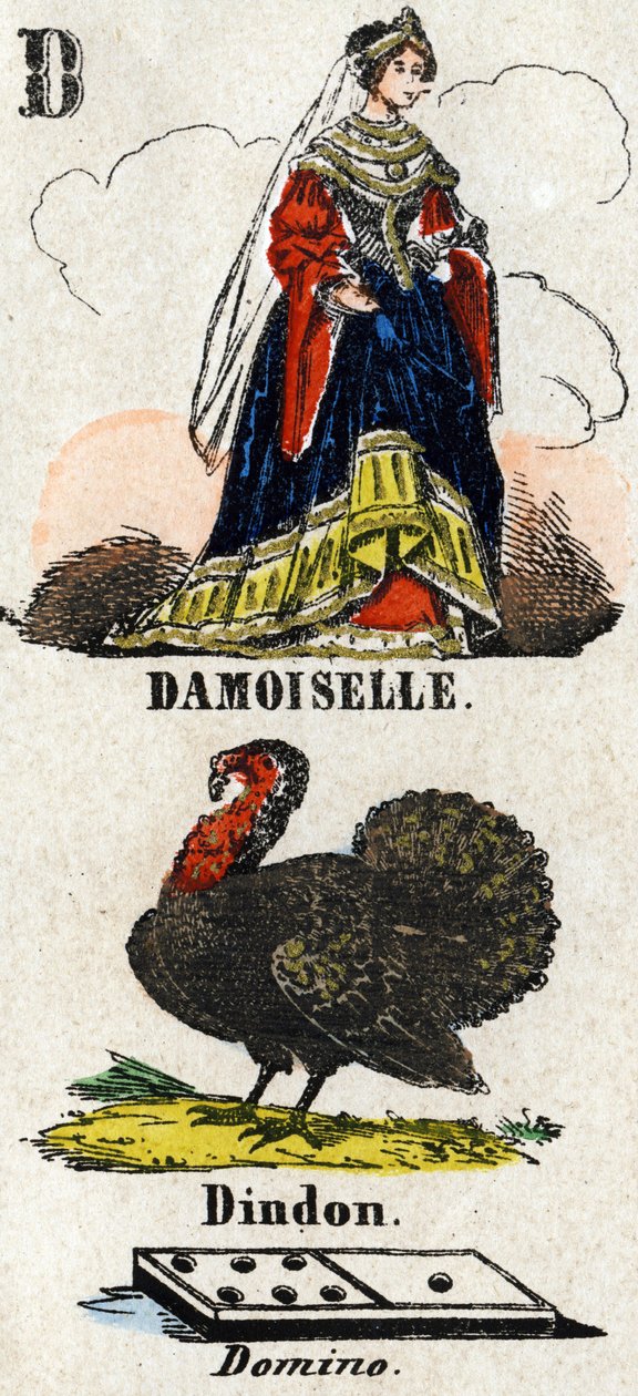 Letra D como damoiselle, peru e dominó. Pequeno alfabeto enciclopédico. Imaging of Epinal, cerca de 1860. Gravura em madeira, gravada com estêncil e dourada. Dim: 37,8x50,3cm. Coleção Particular de French School