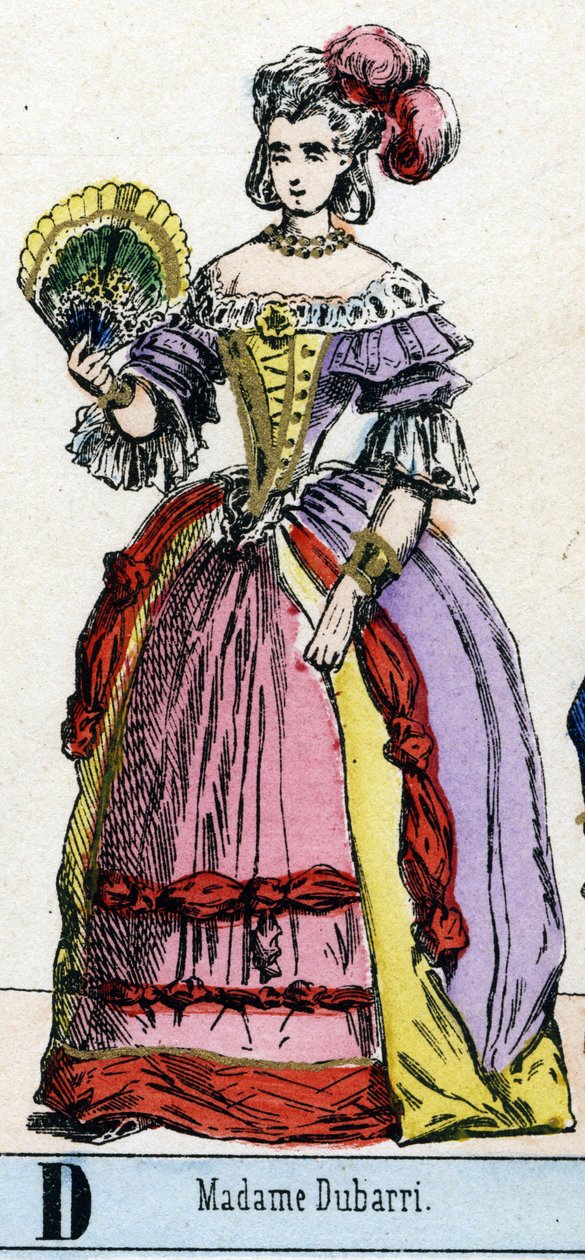 Carta D como a Sra. Dubarri. Retrato de Jeanne Becu, dit de Cantigny, Condessa du Barry (1743-1793) favorita de Luís XV, Rei de França. Abecedário do Museu Teatral. Imagem de Epinal, por volta de 1830. Dim: 37,7x47,5cm. Gravuras em madeira, gravadas com st de French School