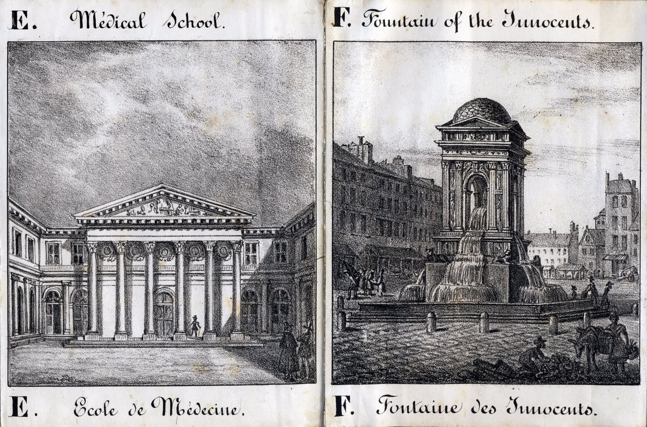 Carta E e F: Escola de Medicina e a Fonte dos Inocentes - "Alfabeto Pitoresco des Monumens de Paris" c.1840 (gravura) de French School