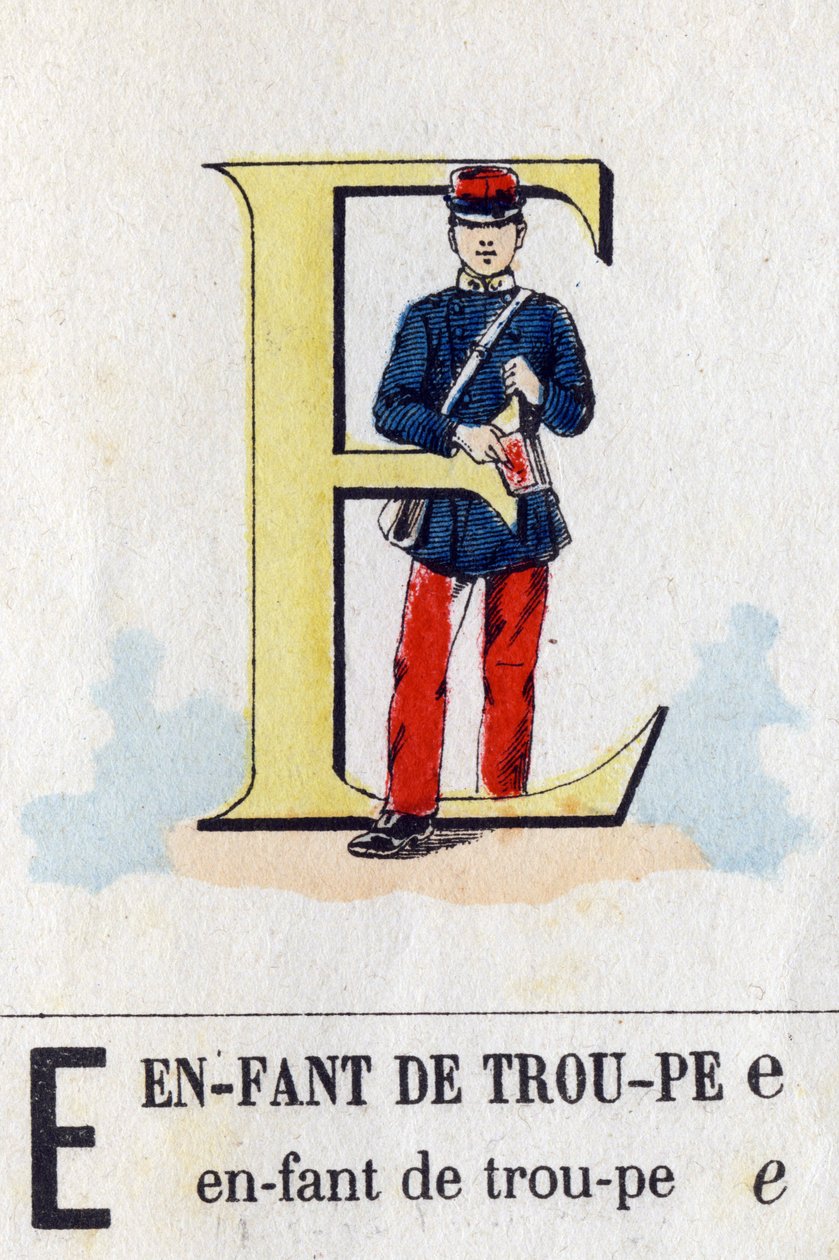 Carta E como uma criança da tropa. Alfabeto Militar . Imagem de Epinal, cerca de 1870-1880. Cortes de madeira na cor Stencil. de French School