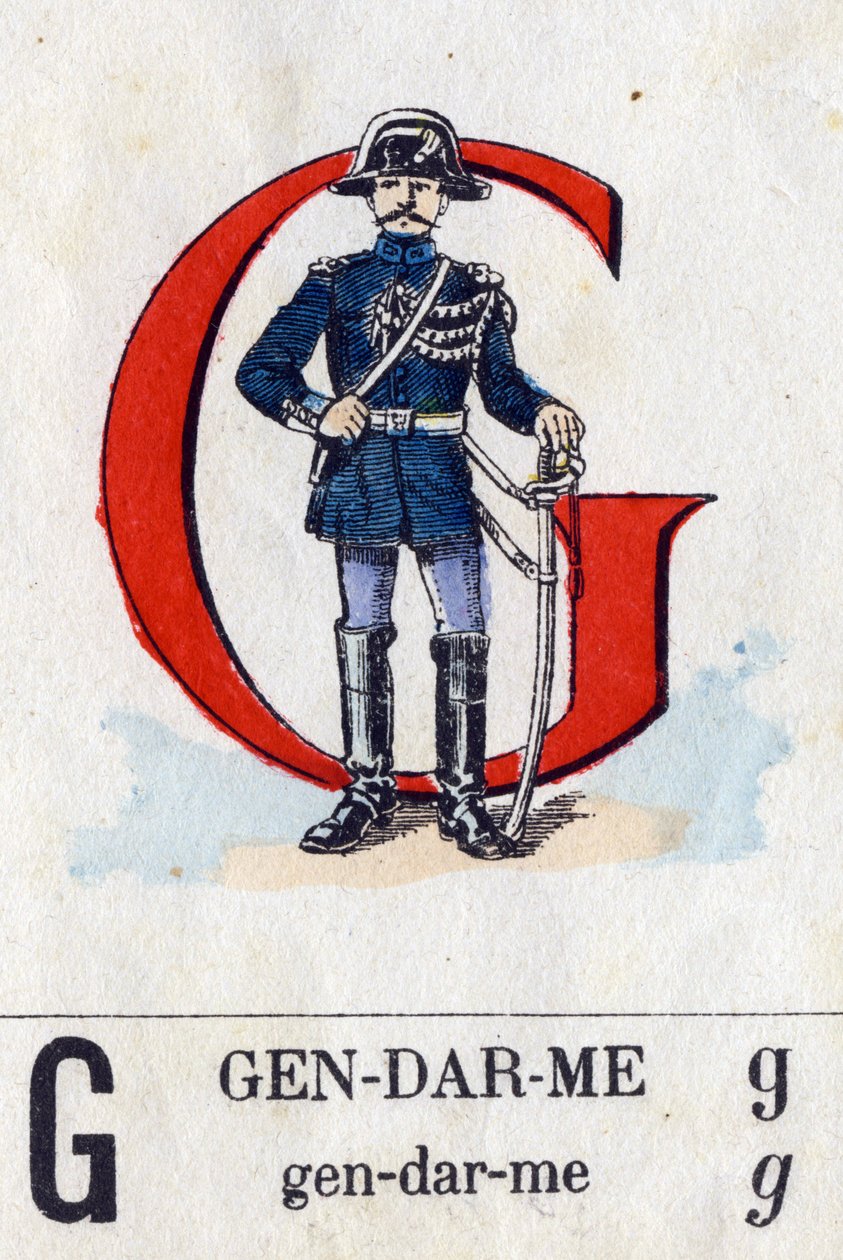 Letra G como Constable. Alfabeto Militar . Imagem de Epinal, cerca de 1870-1880. Cortes de madeira na cor Stencil. de French School