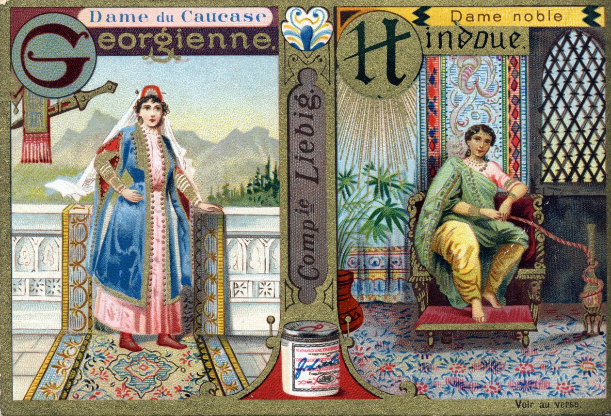 Carta G como Senhora Georgiana do Cáucaso e H como Senhora Nobre Hindu. Alfabeto feminino . Série de 12 imagens. Liebig publicidade de French School