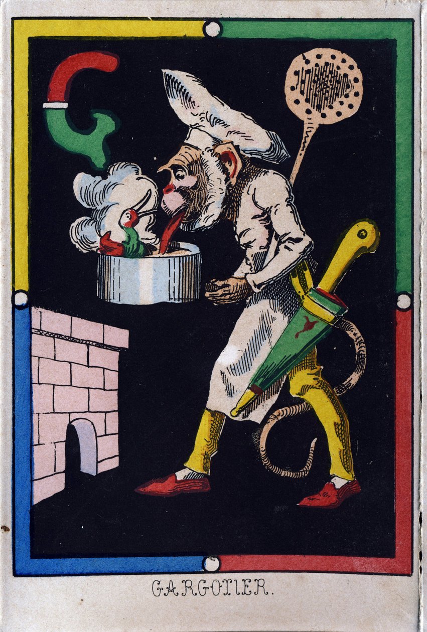 A letra G como gárgula. Alfabeto dos macacos. Gravura em madeira. Imagem de Epinal. de French School