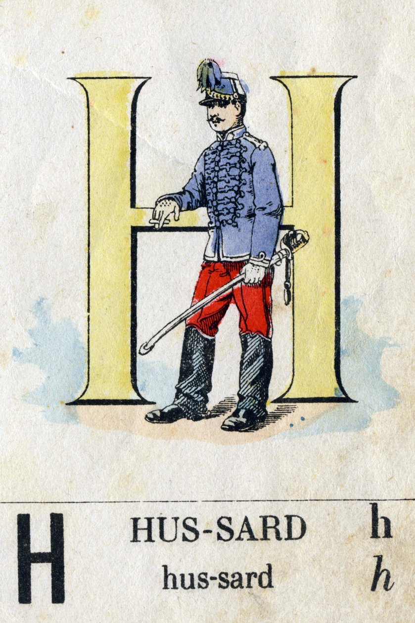 A letra H como um mariquinhas. Alfabeto Militar . Imagem de Epinal, cerca de 1870-1880. Cortes de lenha cor de estêncil. de French School