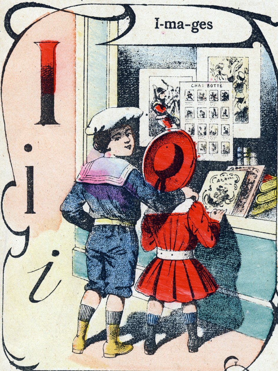 Carta I: imagens. Gravação em "ABC des joux pour petits boys". Imagem de Pont-a-Mousson, Louis Vagne, impressora-editor, final do século XIX. Dim: 32,5x25 cm de French School