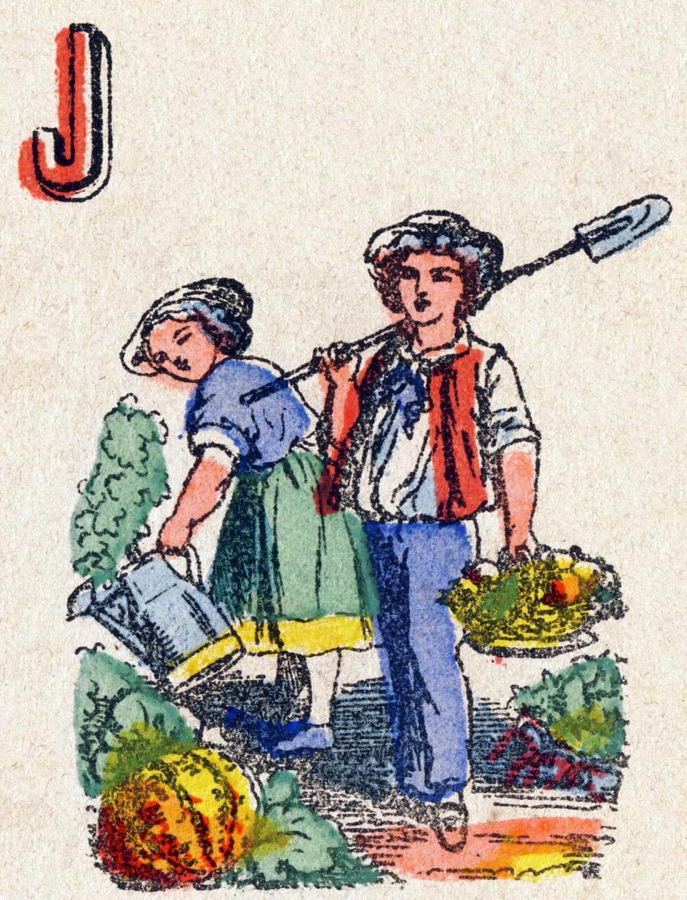 Letter J Gardeners. Gravura no "Alfabeto do Jeux". Sr. Vagne, editor, Pont-a-Mousson, final do século XIX. Série Pink. 12 páginas. Álbum contendo um método de leitura simplificado e um abecedário ilustrado. Dim: 16,5x11cm de French School