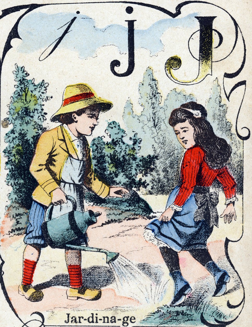 Carta J: Jardinagem. Gravação em "ABC des joux pour petits boys". Imagem de Pont-a-Mousson, Louis Vagne, impressora-editor, final do século XIX. Dim: 32,5x25 cm de French School