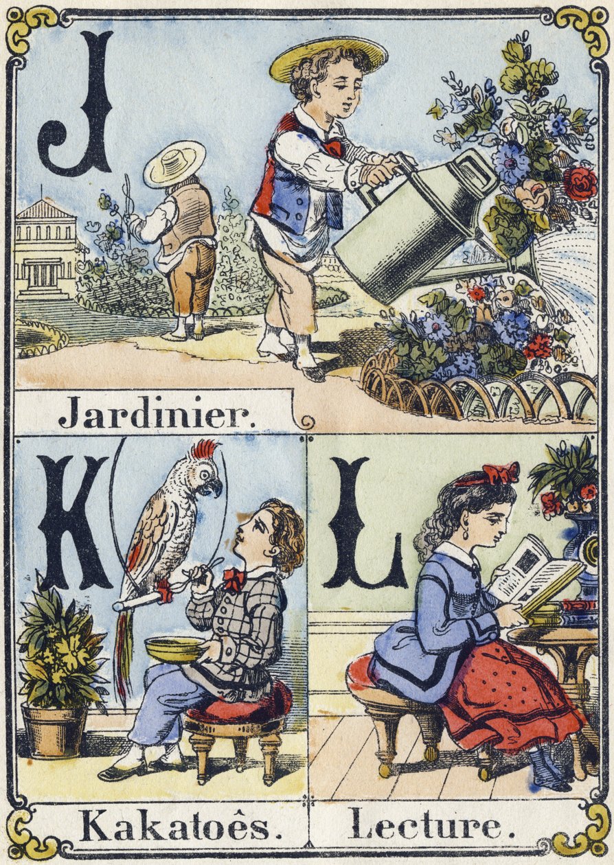 Letras J, K e L: jardineiro, kakatoes e leitura. Alfabeto recreativo. Imagem epinal. Gravuras em madeira estampada, cerca de 1880. Pequeno livreto de 16 páginas. de French School