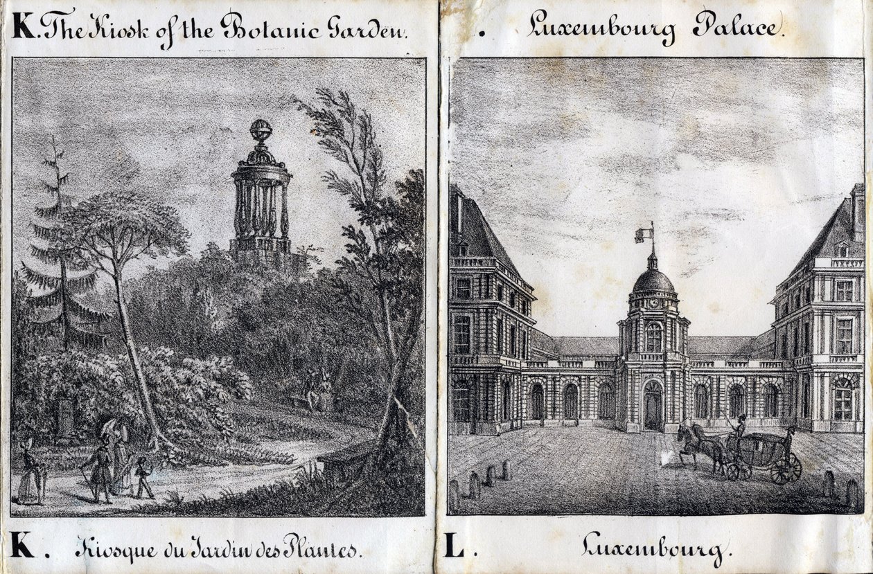Carta Kiosk do Jardin des Plantes e L Palais du Luxembourg - "Alfabeto Picturesque des Monumens de Paris" c.1840 (gravura) de French School