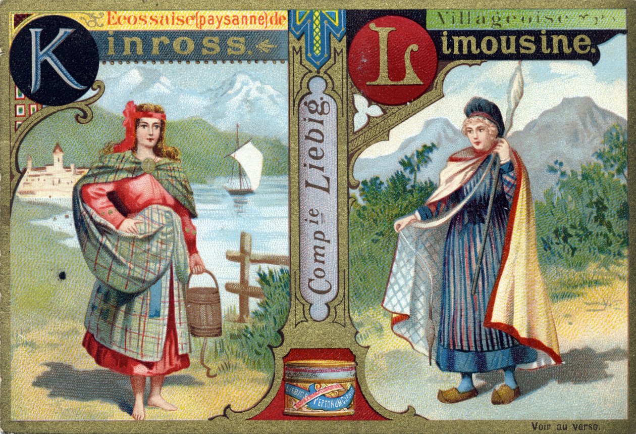 Carta K: Escocesa da Kinross e L como Villageoise Limousine. Alfabeto feminino . Série de 12 imagens. Liebig publicidade de French School