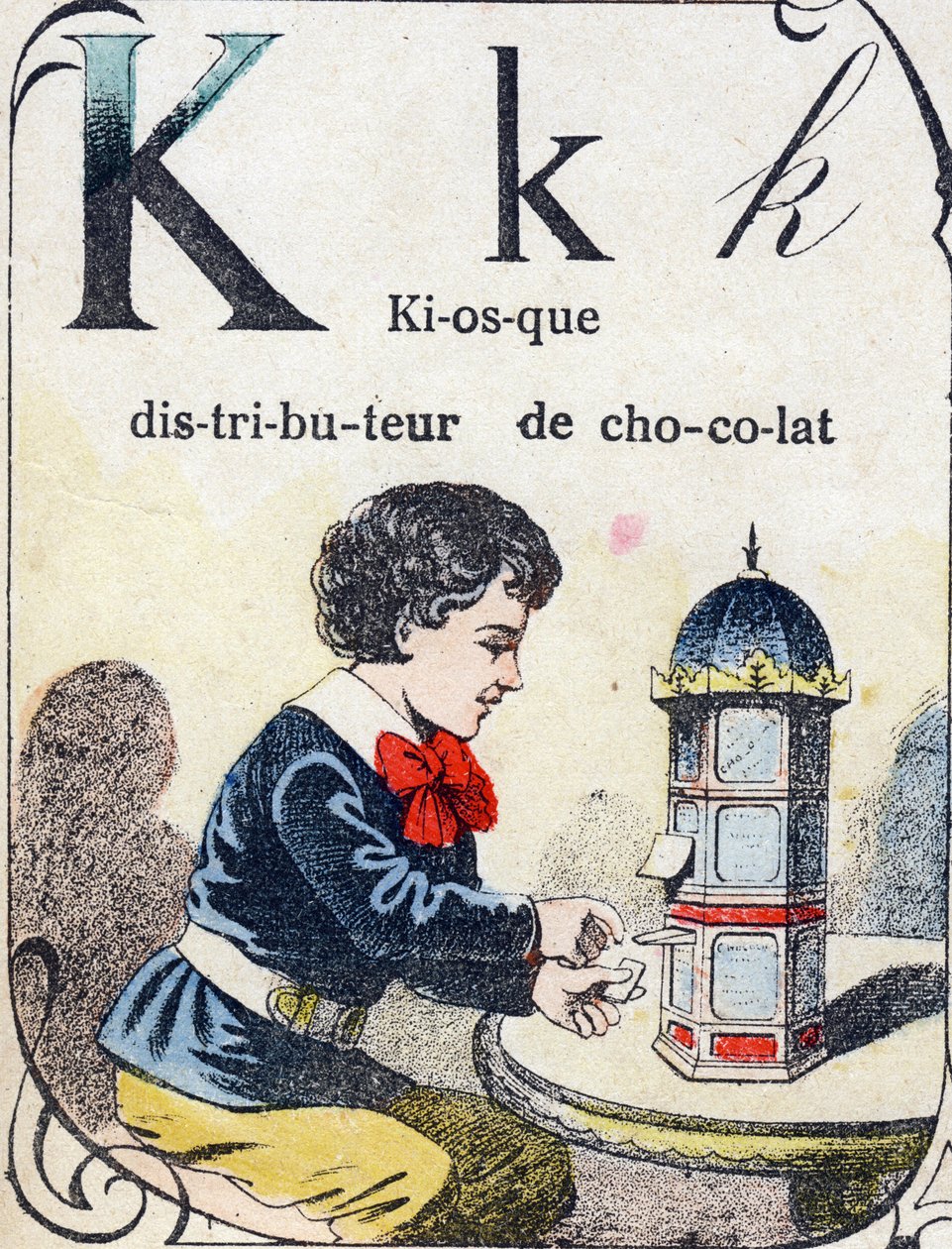 Carta K: quiosque dispensador de chocolate. Gravação em "ABC des joux pour petits boys". Imagem de Pont-a-Mousson, Louis Vagne, impressora-editor, final do século XIX. Dimensões: 32,5x25 cm de French School