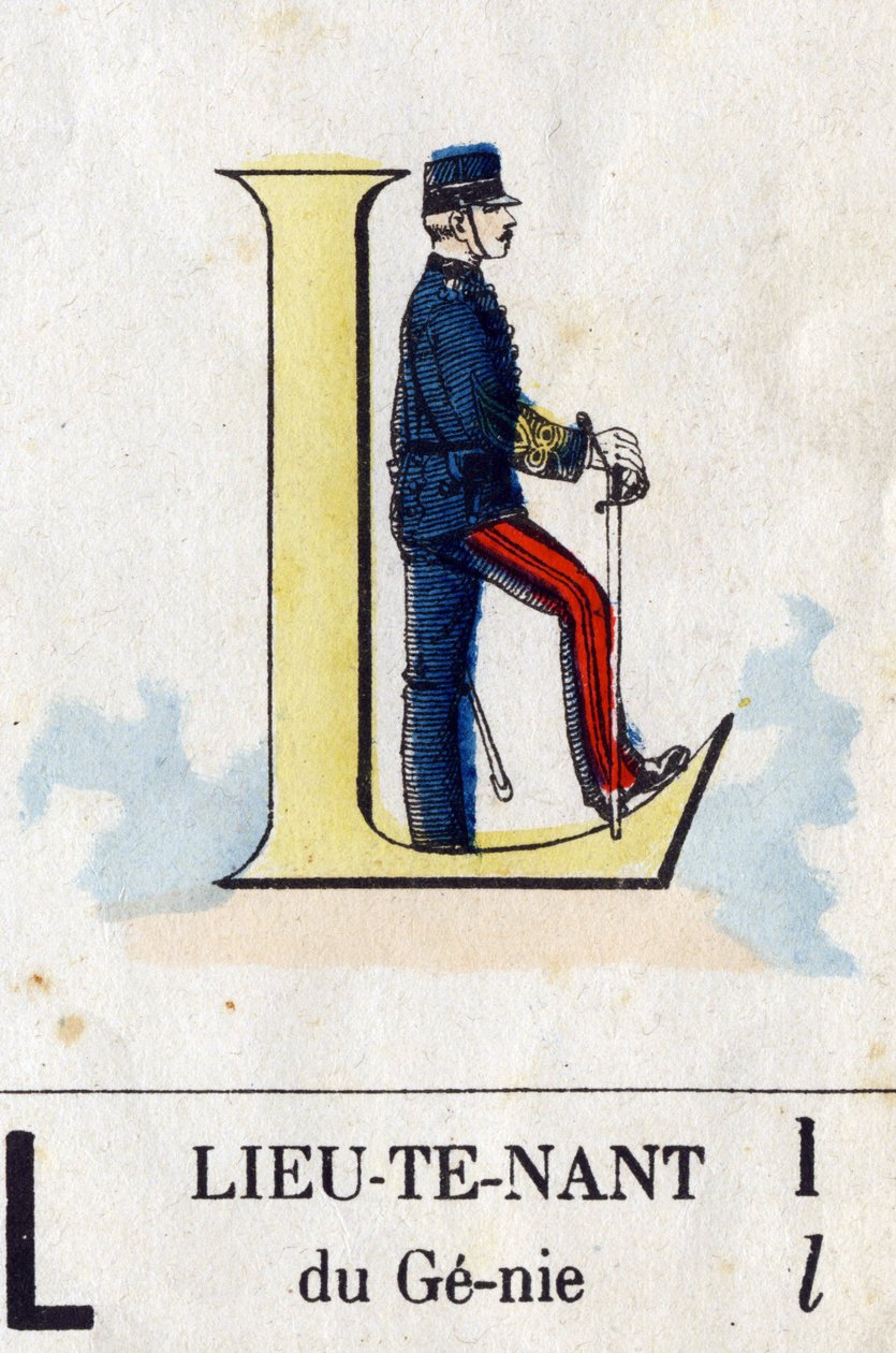 Carta L como tenente. Alfabeto Militar . Imagem de Epinal, cerca de 1870-1880. Cortes de madeira na cor Stencil. de French School