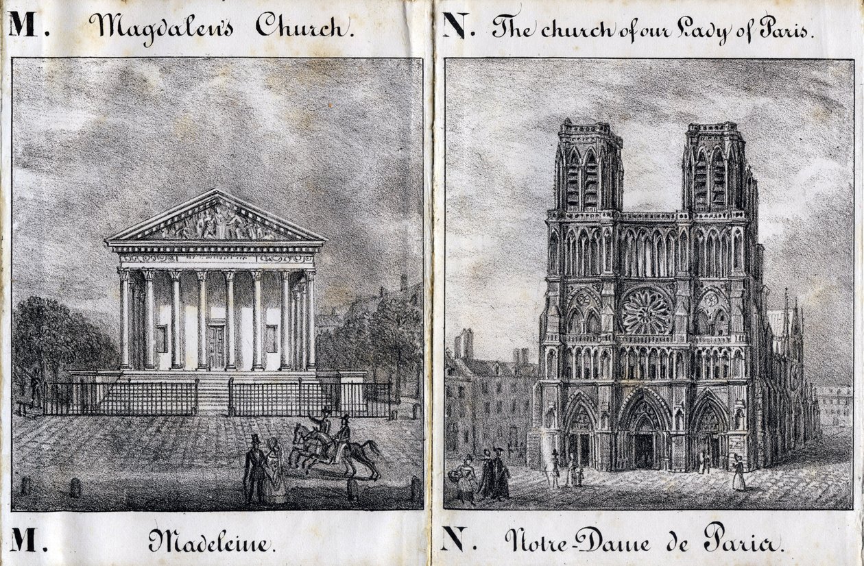 Carta M Madeleine e N Notre-Dame de Paris (Notre Dame de Paris) - "Alfabeto Pitoresco des Monumens de Paris" c.1840 (gravura) de French School
