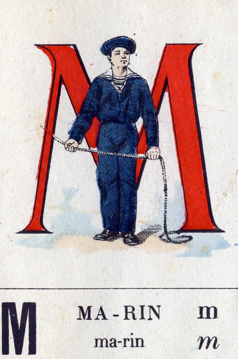 Carta M como Marin. Alfabeto Militar . Imagem de Epinal, cerca de 1870-1880. Cortes de madeira na cor Stencil. de French School