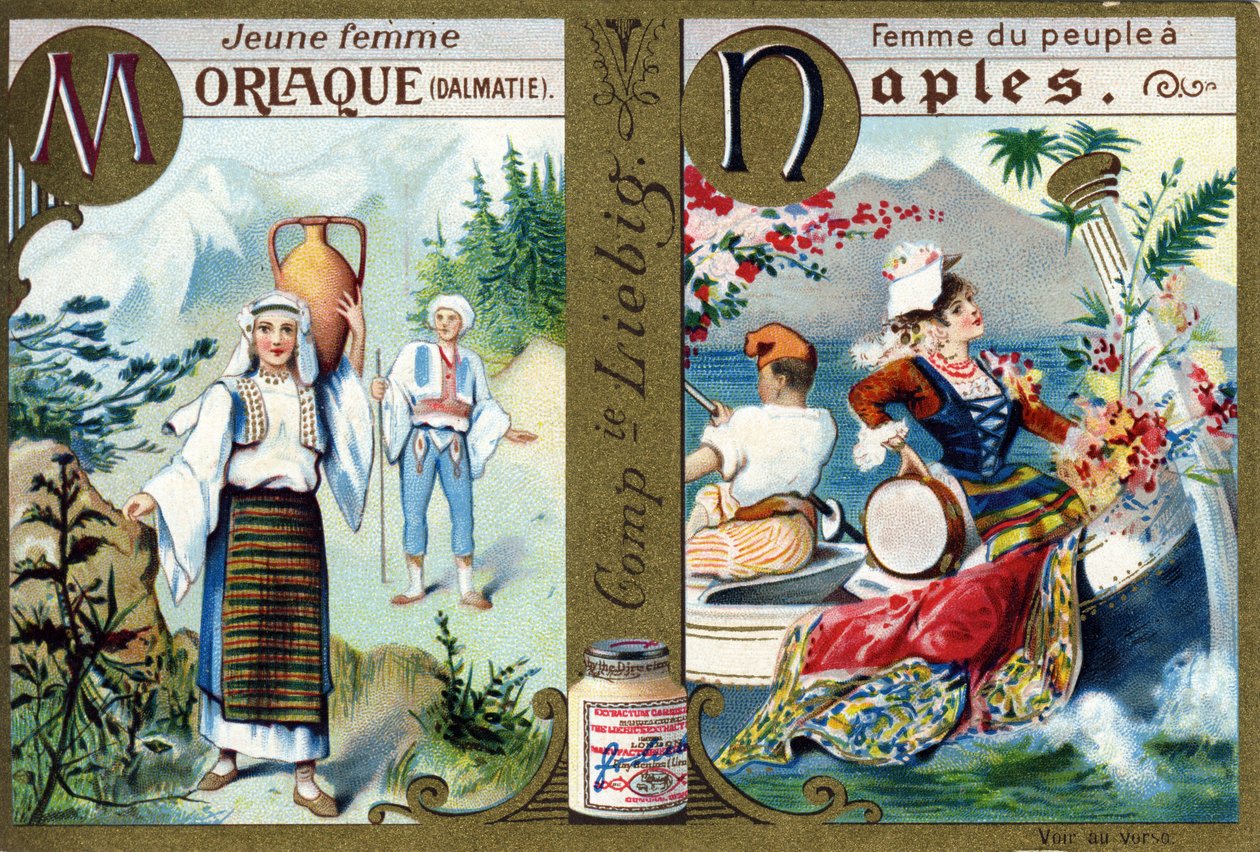 Carta M como Morlac Jovem Mulher e N como Mulher do Povo em Nápoles. Alfabeto da Mulher . Série de 12 imagens. Liebig publicidade de French School